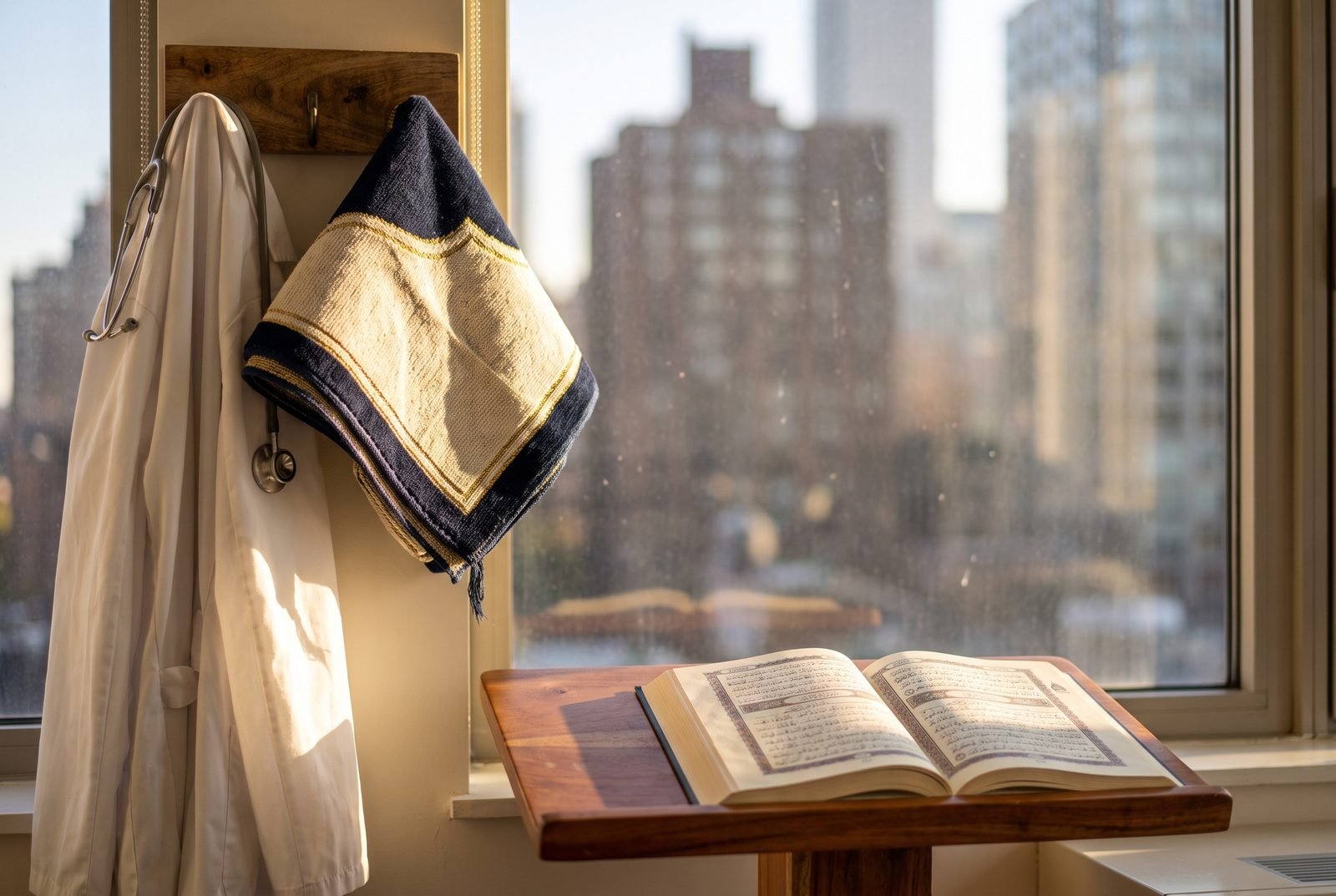 A white coat and stethoscope hung beside a prayer mat and an open muṣḥaf