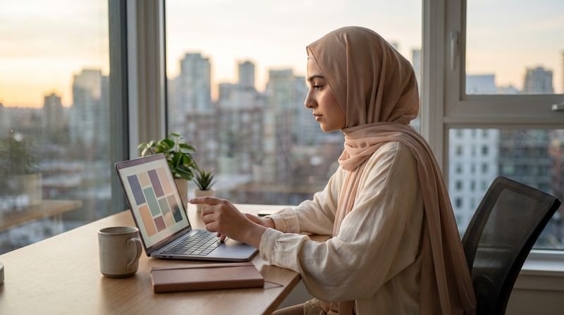 A woman in hijab choosing a class time on a laptop calendar