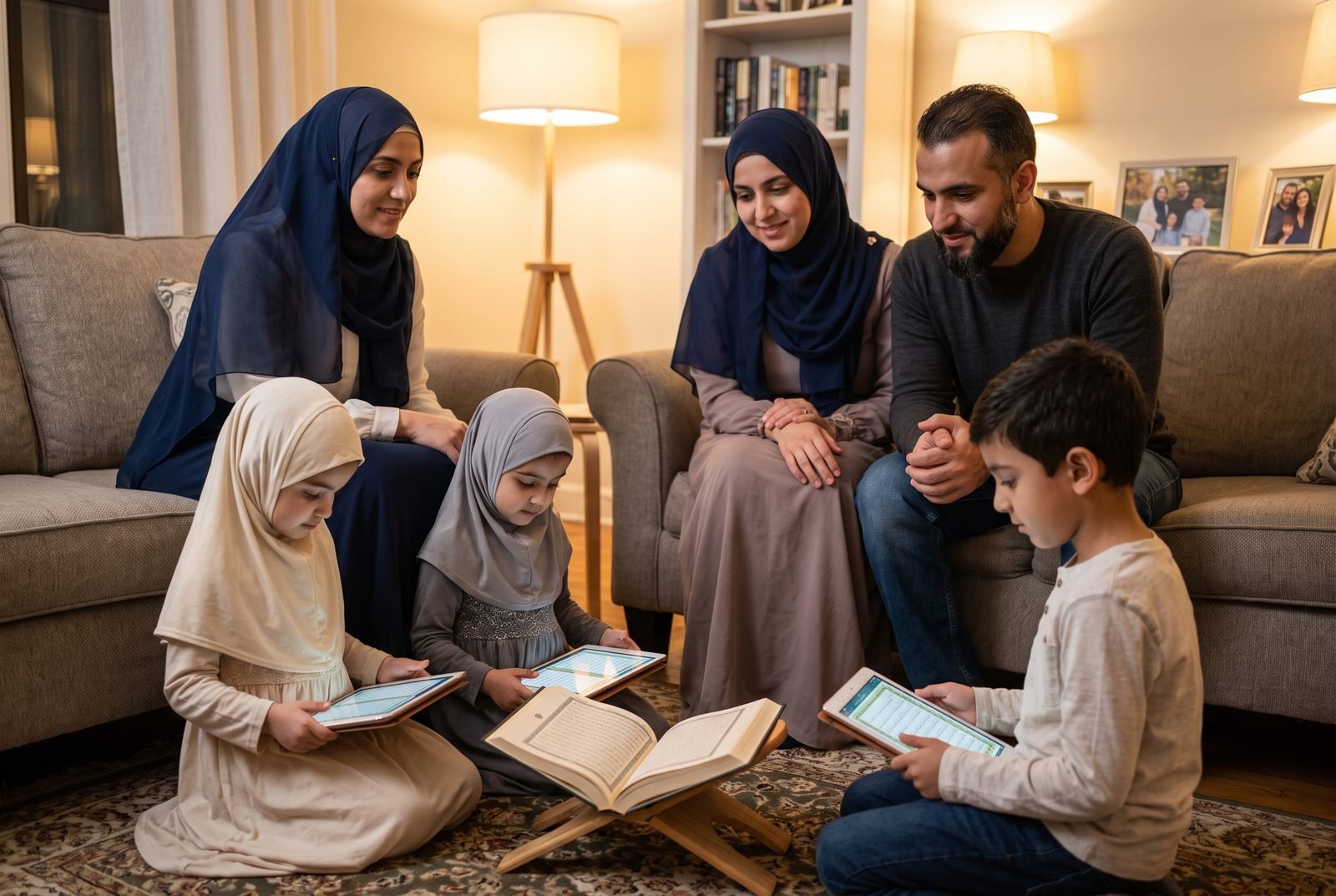 A family at home, three children with tablets, parents watching, a muṣḥaf on a stand