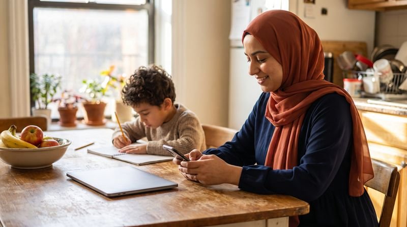 A mother in hijab filling in a short form on her phone