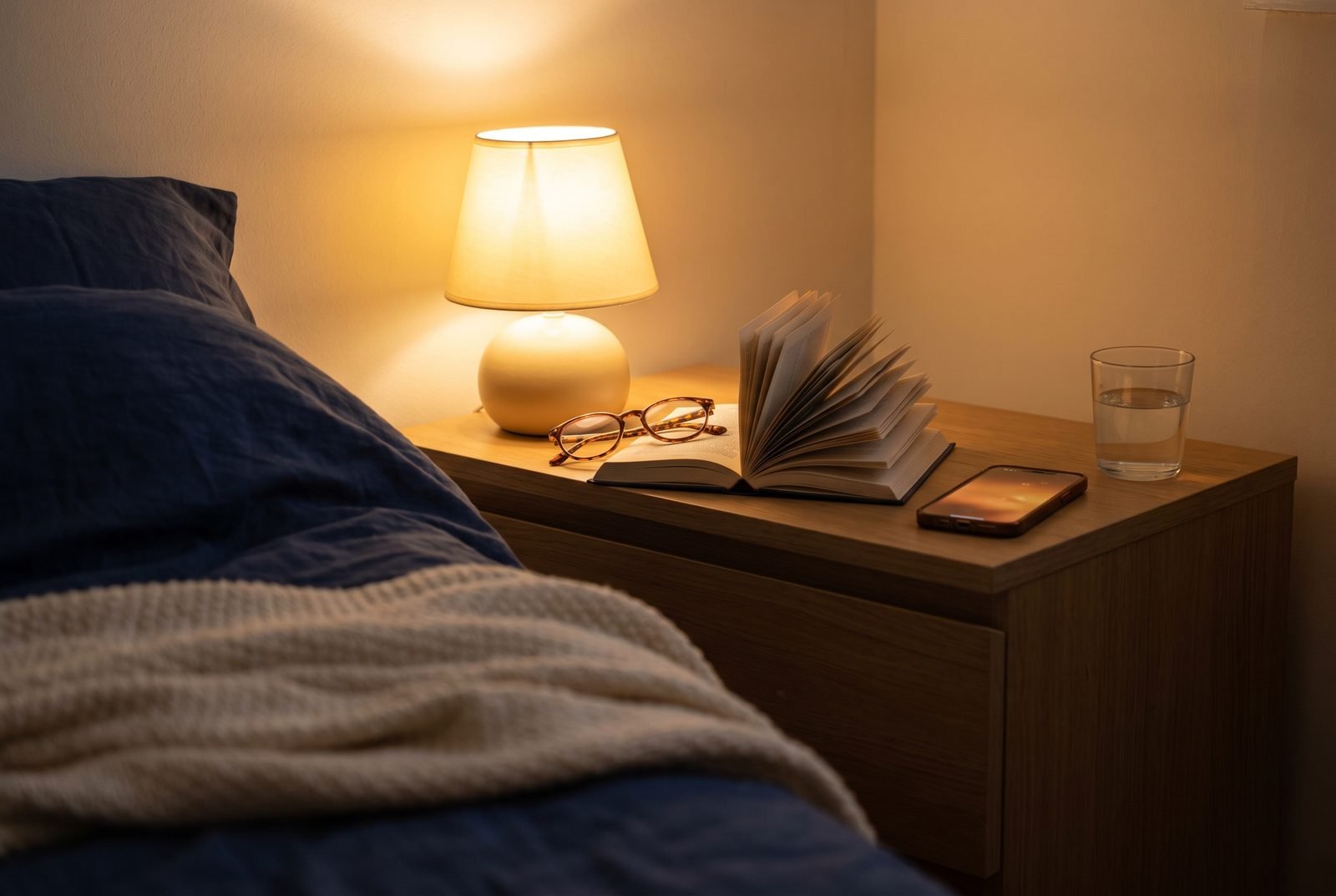 An open book and a phone on a nightstand in warm lamp light