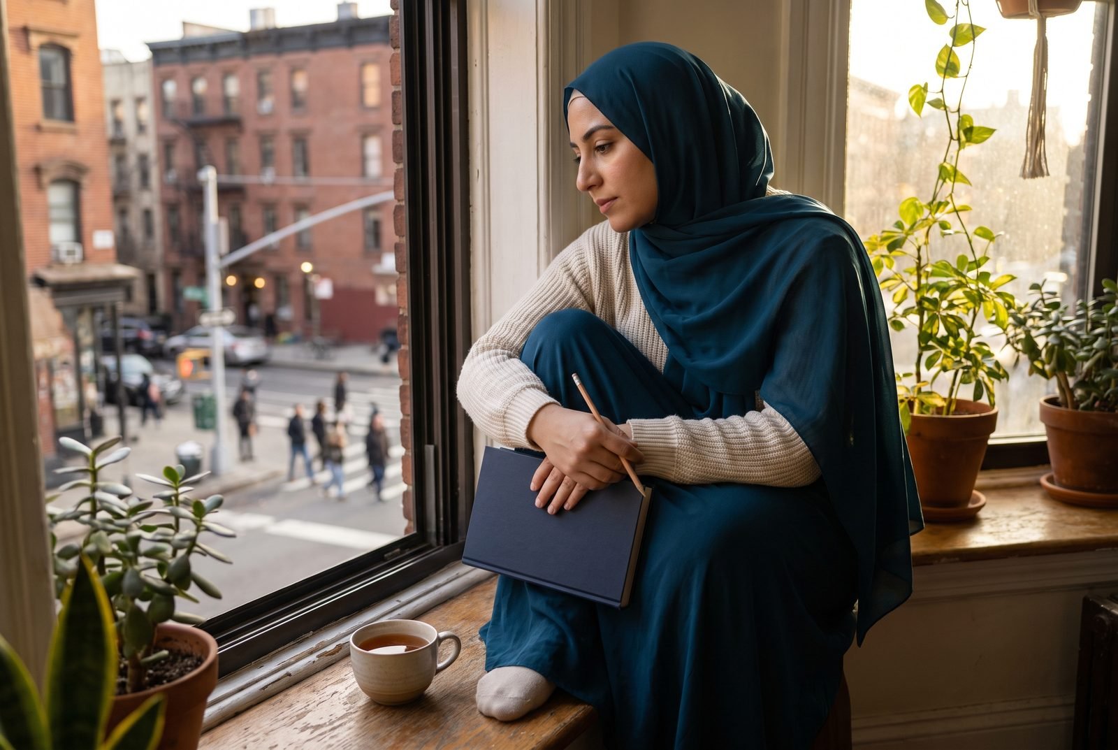 A woman in hijab reading a hardcover book on a windowsill with the city behind her