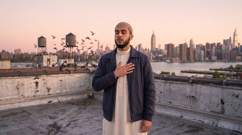 A man on a rooftop at dawn with his hand on his chest