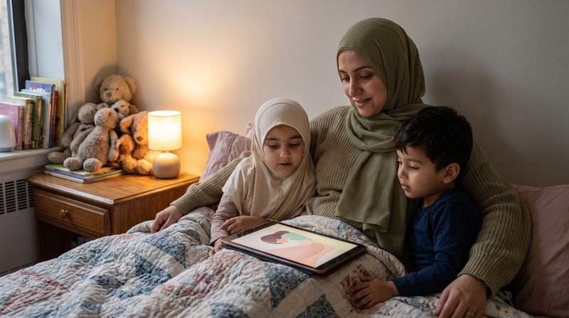 A mother in hijab reading a storybook on a tablet to two children at bedtime