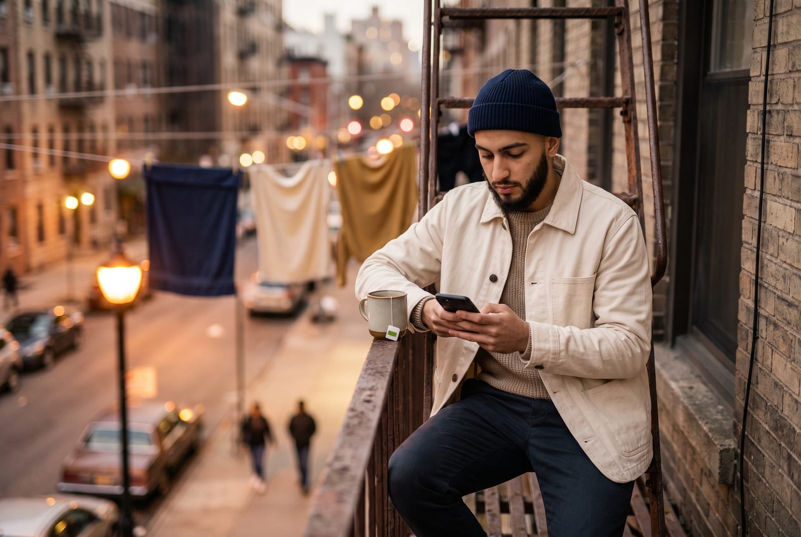 A man reading the letter on his phone on a fire escape at dusk