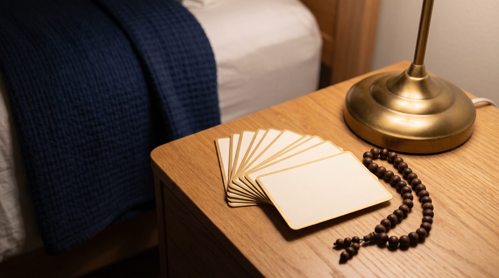 Printed du'ā' cards fanned on a bedside table