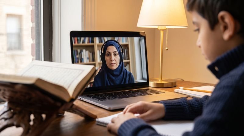 A teacher in hijab on a laptop screen listening as a boy reads