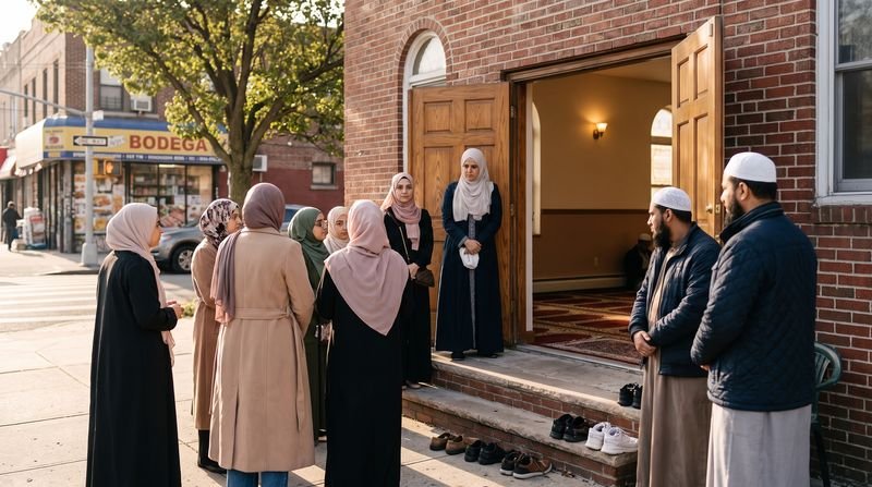 A masjid door open onto a sunlit Queens street on a Friday