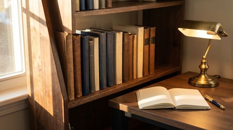 A shelf of classical books with a modern notebook and pen