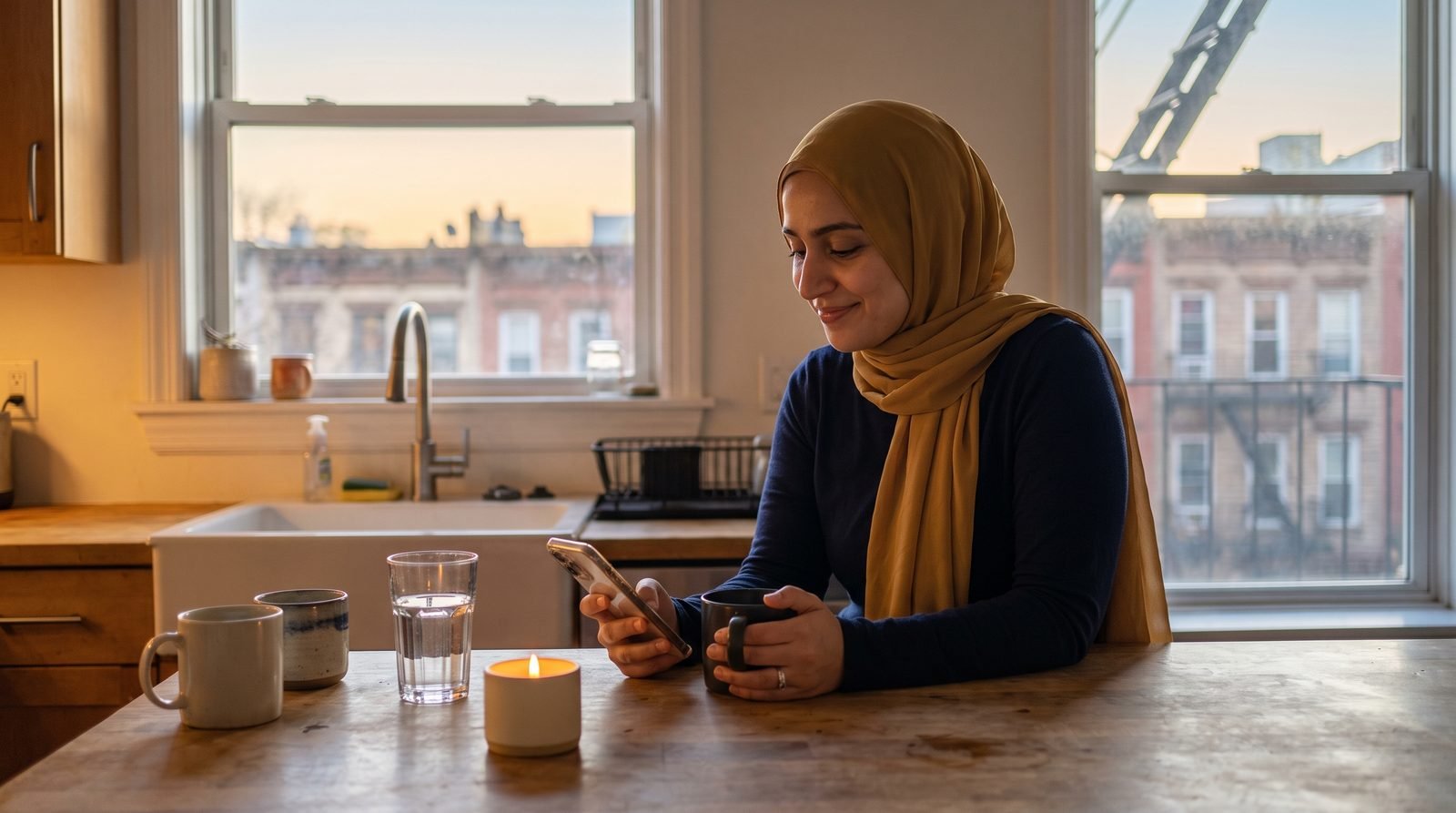 A woman in hijab at dawn with tea, reading a morning email on her phone