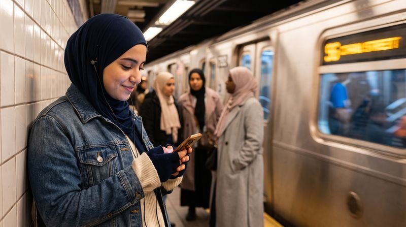 A young woman in hijab watching a short video on her phone on a subway platform