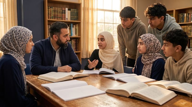 A mentor and teenagers studying around a table in a masjid library