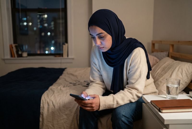 A young woman in hijab awake at 2 a.m., lit only by her phone