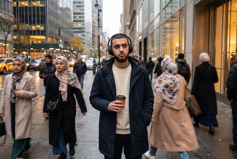 A young man alone in a Manhattan crowd, hood up, headphones on