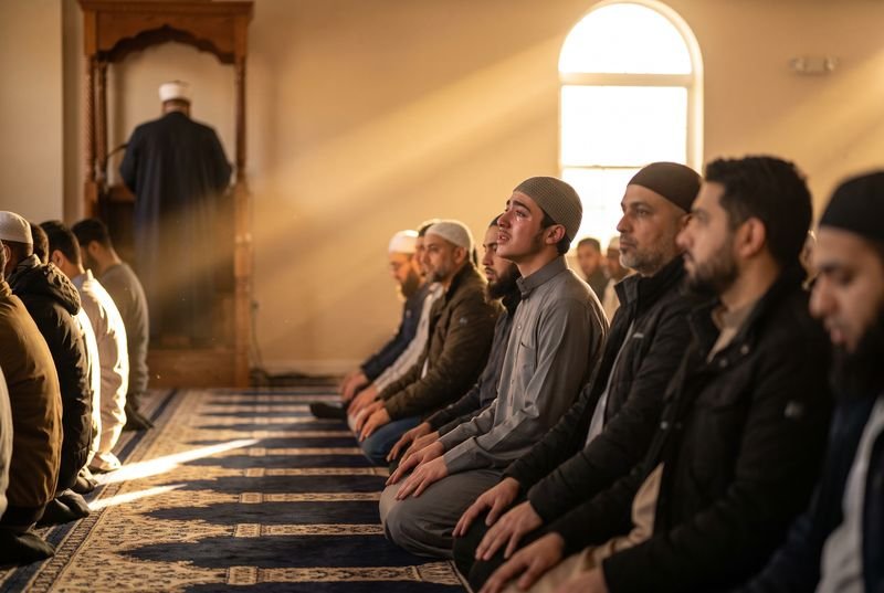 Sunlight through a masjid window during the Friday khutbah; a listener's face lifting