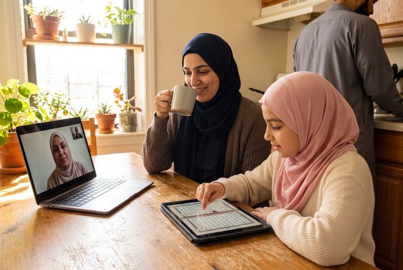 A girl in hijab reading from a muṣḥaf on a tablet with her teacher on a video call