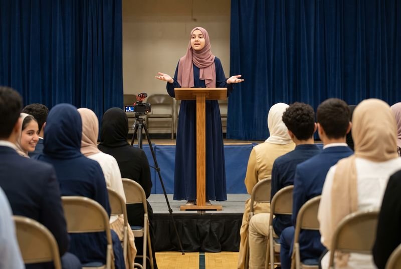 A teenage girl in hijab speaking confidently at a podium