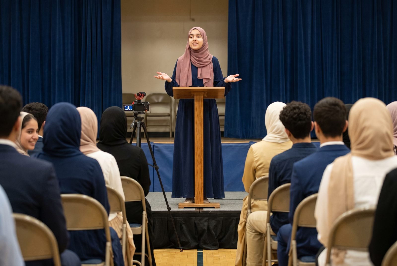 A teenage girl in hijab speaking confidently at a podium