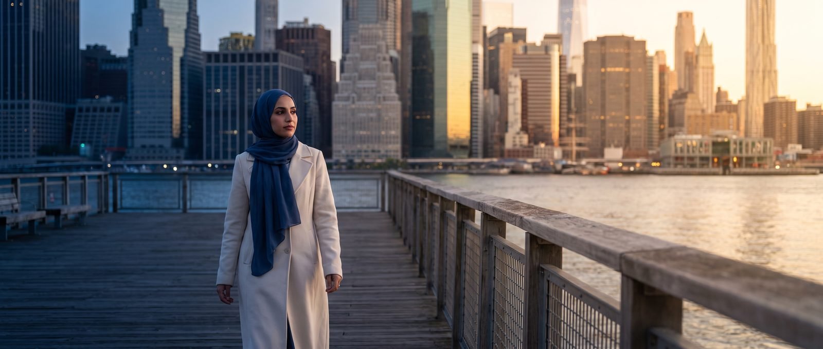 The New York skyline, half in night and half in dawn, a woman in hijab walking toward the light