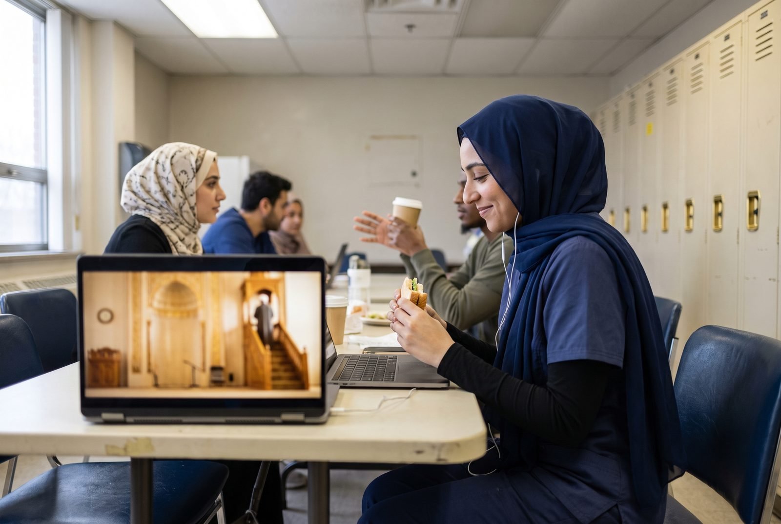 A nurse in hijab watching a khutbah on a laptop in a hospital break room
