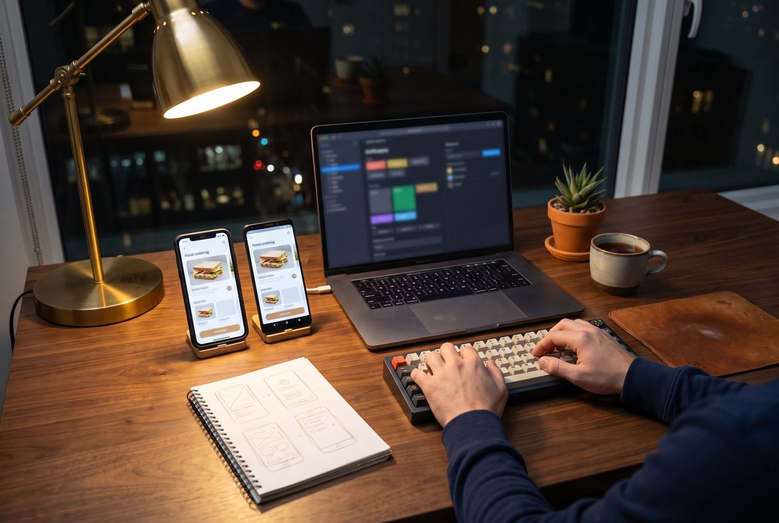 A developer's desk at night in New York — a laptop, an iPhone and an Android phone propped up showing the same ordering app, a notebook with a sketched app flow